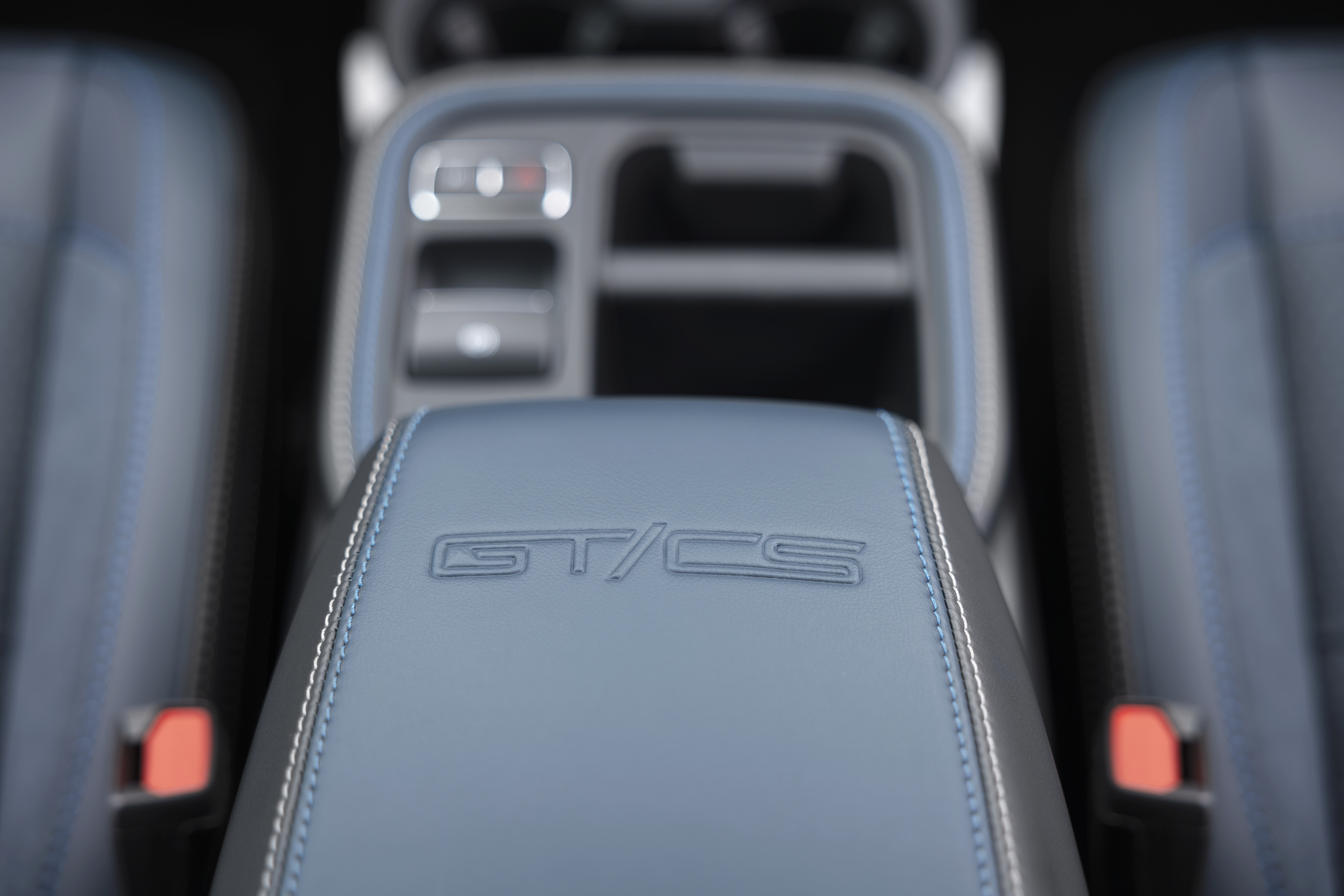 Detail of Mustang Mach-E interior shows "GT/CS" engraved on the center console.